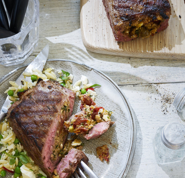 Flank Steak Stuffed with Feta, Sundried Tomatoes, and Olives
